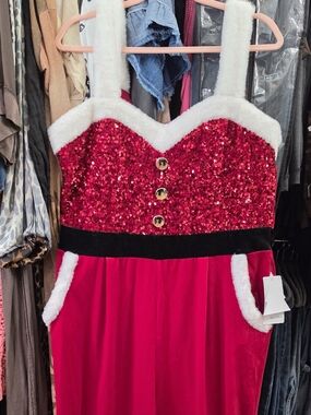 Womans Sparkle Red Faux-Fur Trim Christmas Holiday Jumper